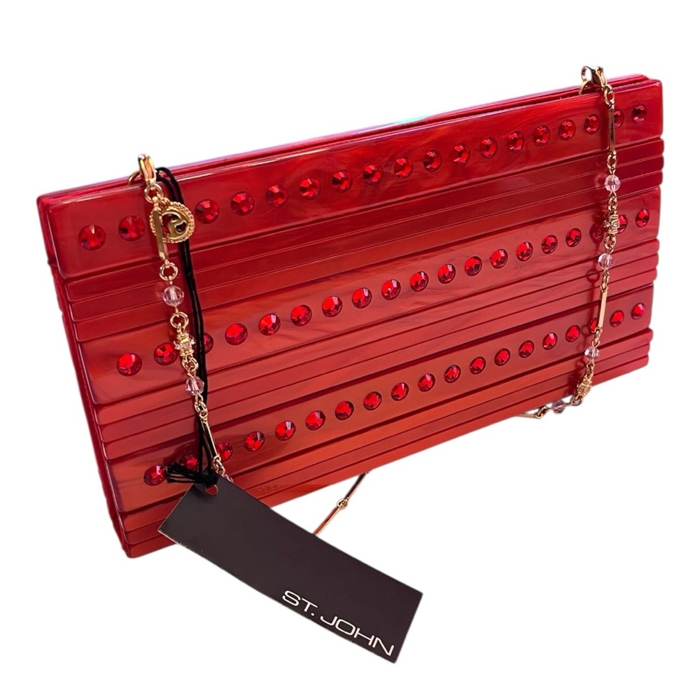 St. John Red Studded Clutch with Gold Chain Made in Italy